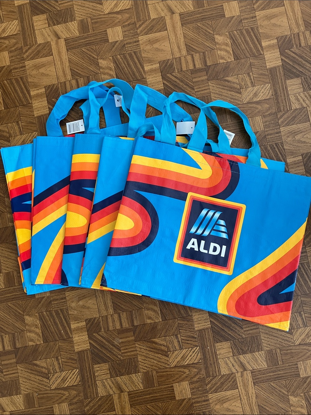 (5) ALDI large retro rainbow design large reusable shopping bags L XL